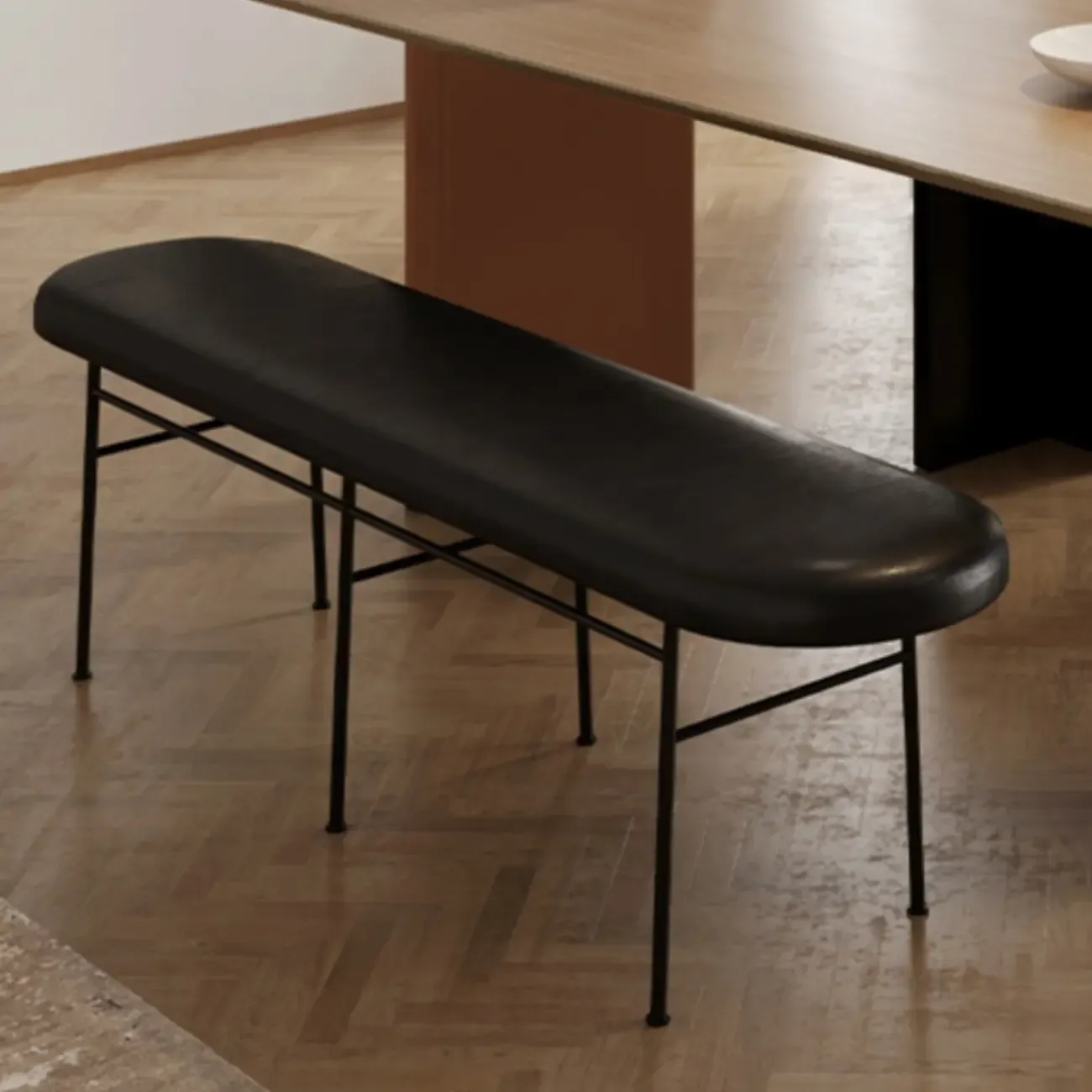 Stylish Long Metal Leather Cushioned Bedroom Bench Image - 2