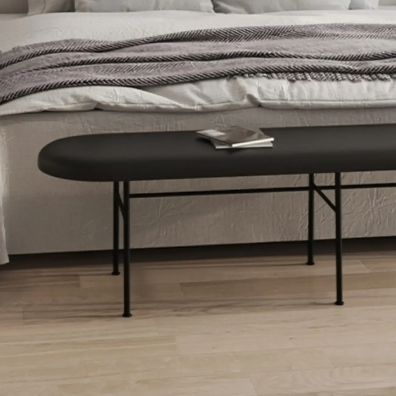 Stylish Long Metal Leather Cushioned Bedroom Bench Image - 6