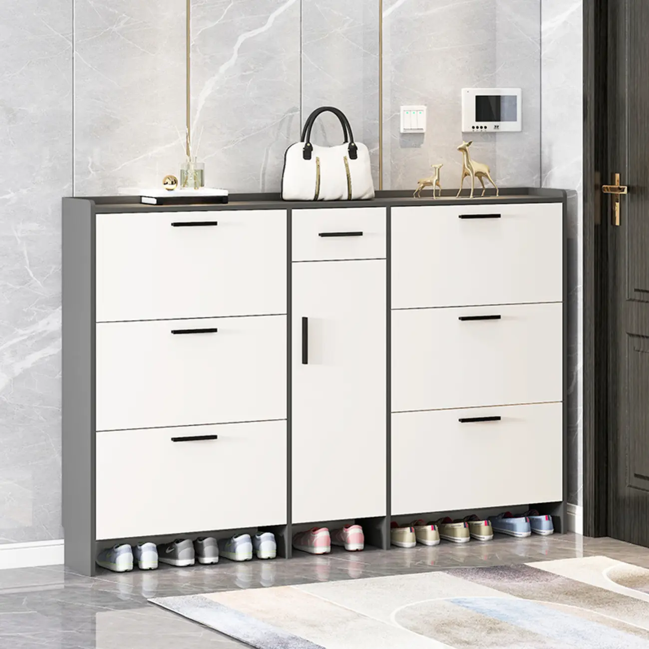 White Wood Shoe Cabinet with Flip Drawer for Entryway Image - 3 | homeyfad