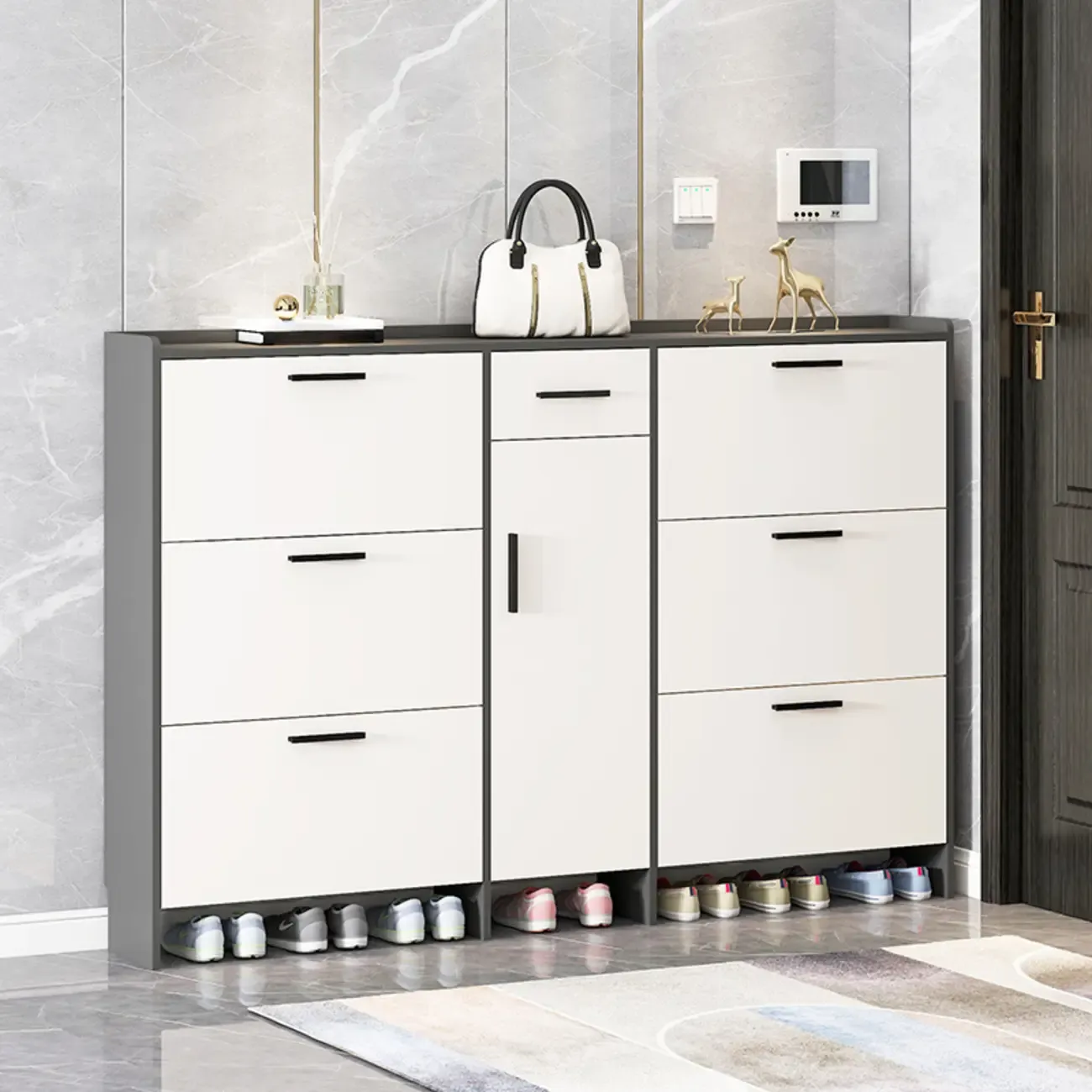 White Wood Shoe Cabinet with Flip Drawer for Entryway Image - 3