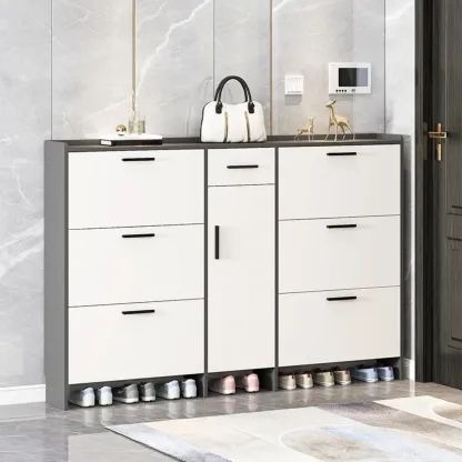 White Wood Shoe Cabinet with Flip Drawer for Entryway Image - 3