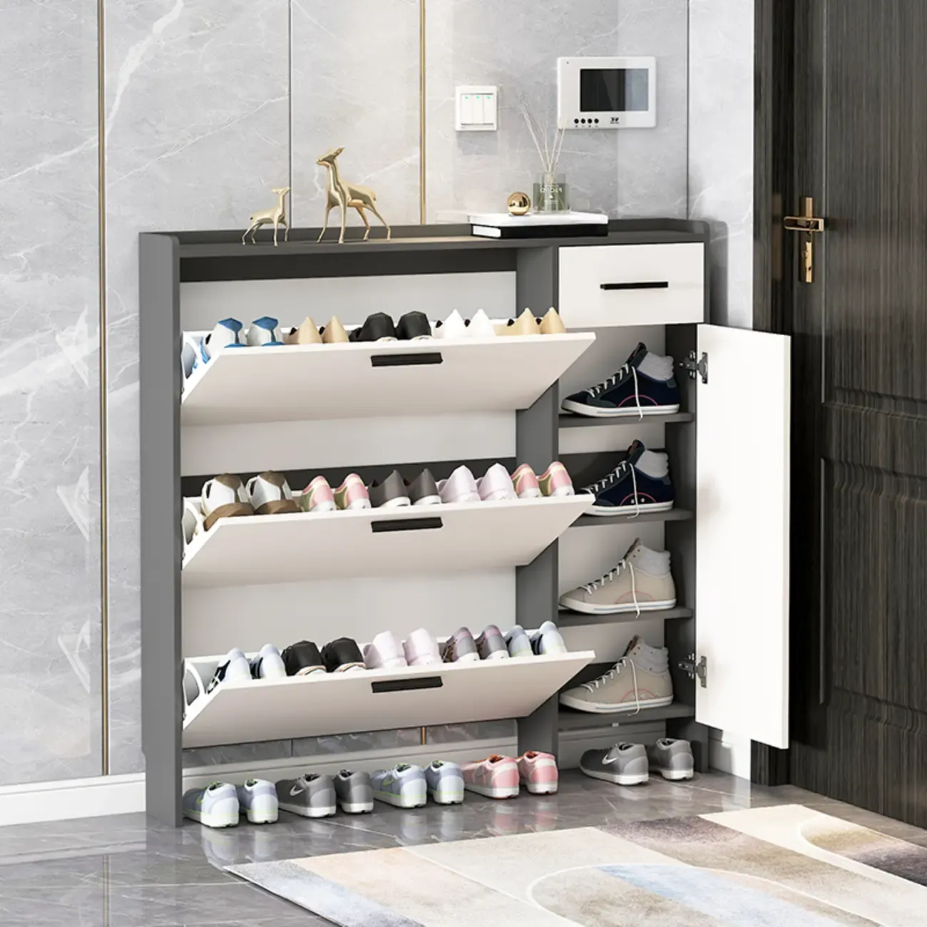 White Wood Shoe Cabinet with Flip Drawer for Entryway Image - 2