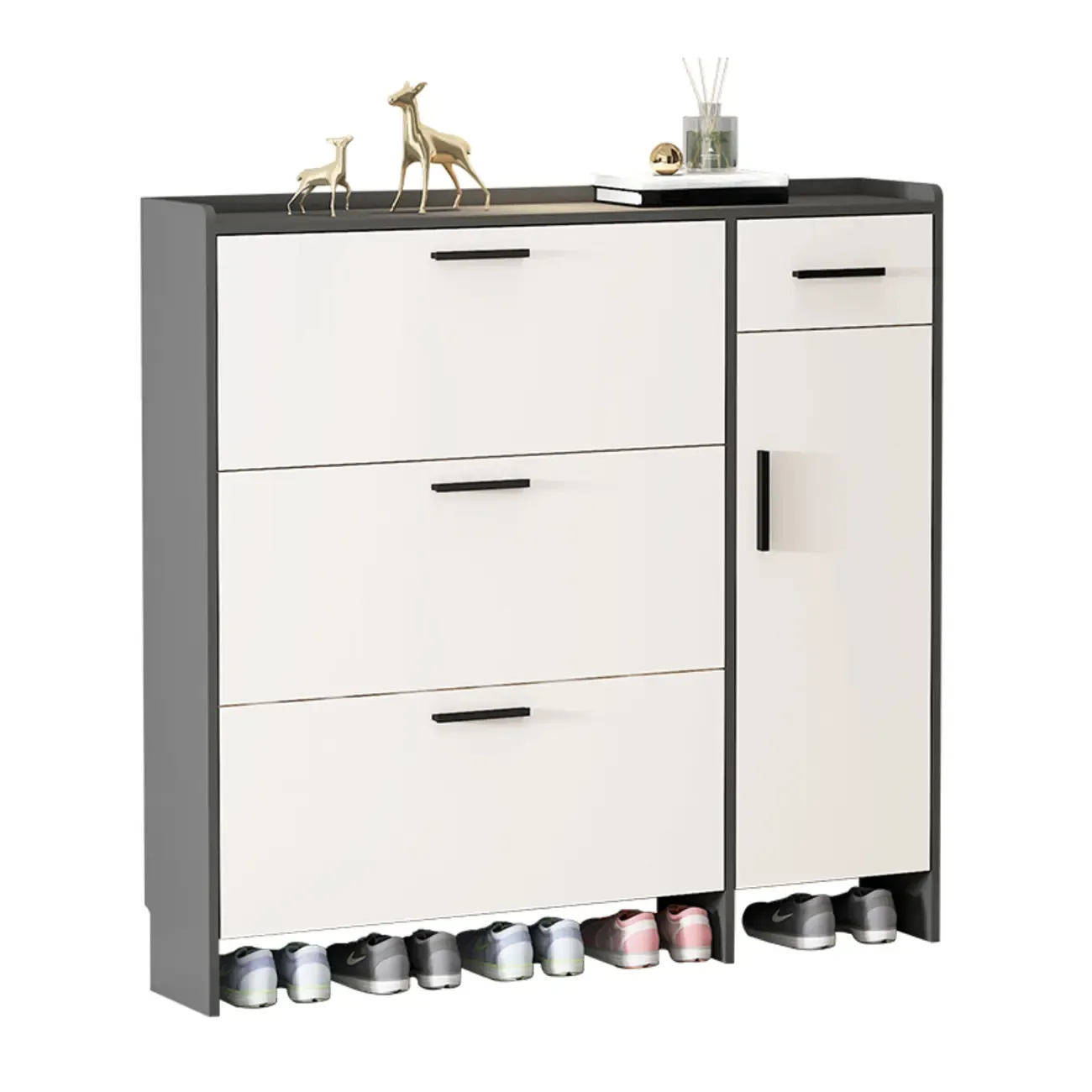 White Wood Shoe Cabinet with Flip Drawer for Entryway Image - 5