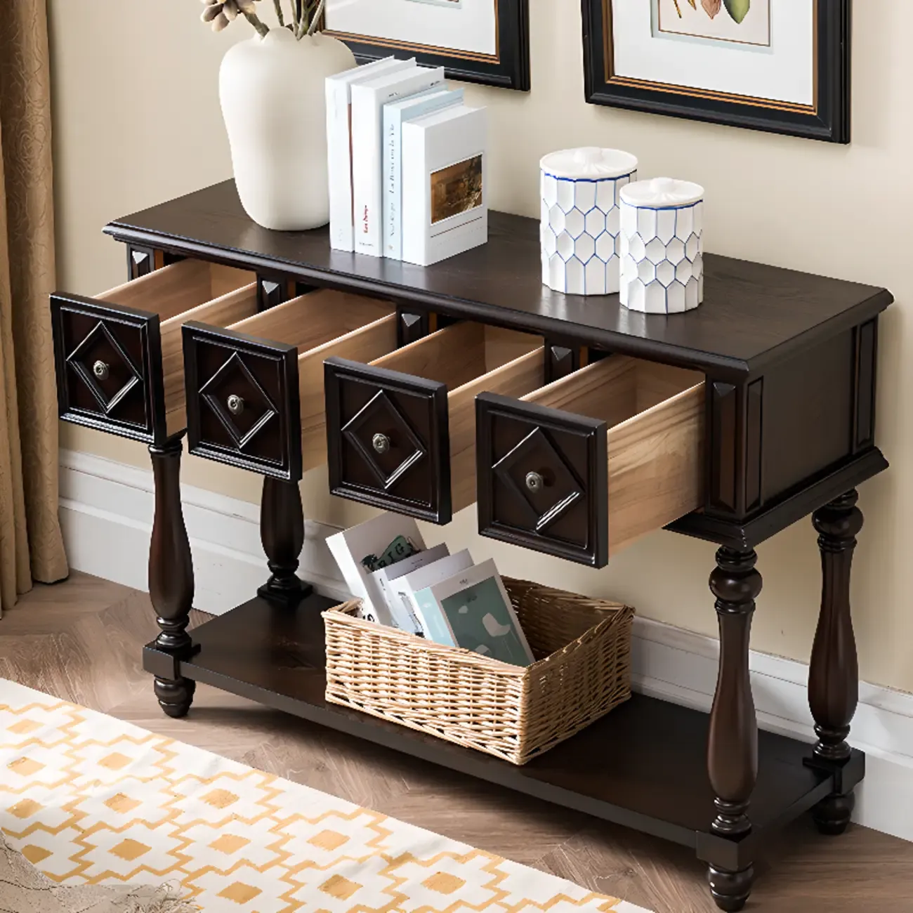 Classic Rectangular Wood Black Console Table with Storage Image - 1