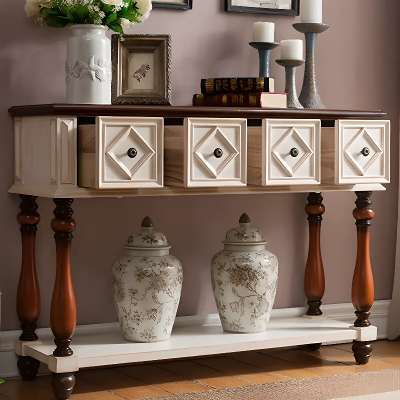 Classic Rectangular Wood Black Console Table with Storage Image - 5