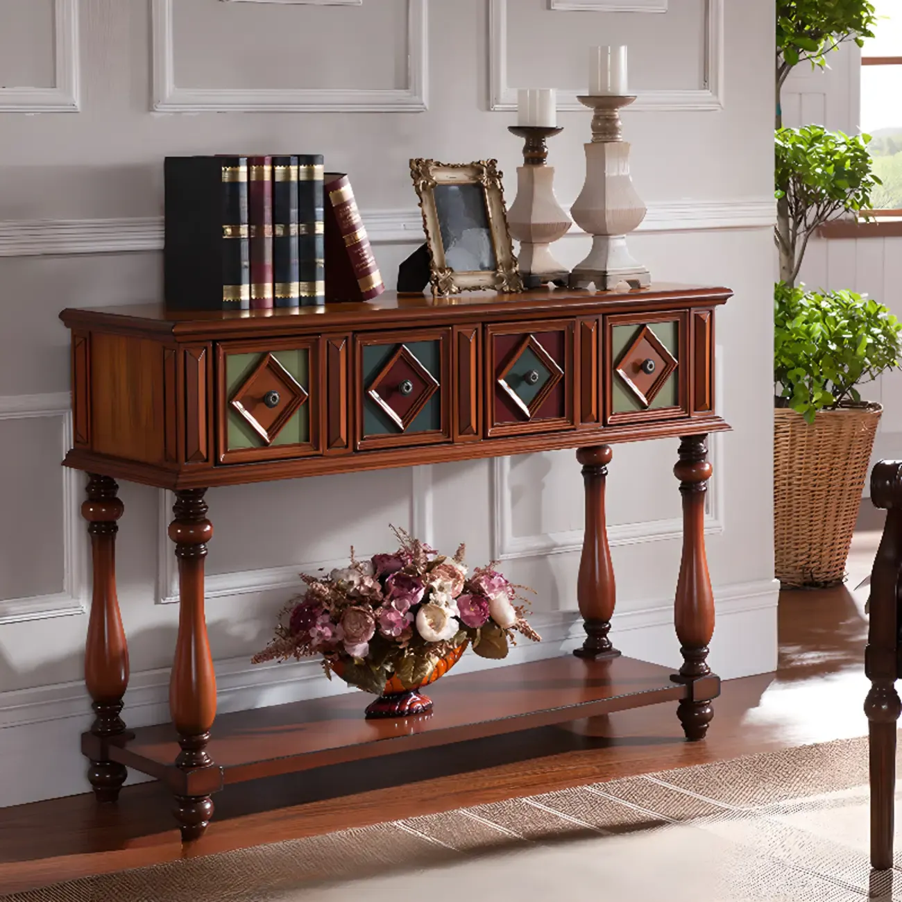 Classic Rectangular Wood Black Console Table with Storage Image - 6