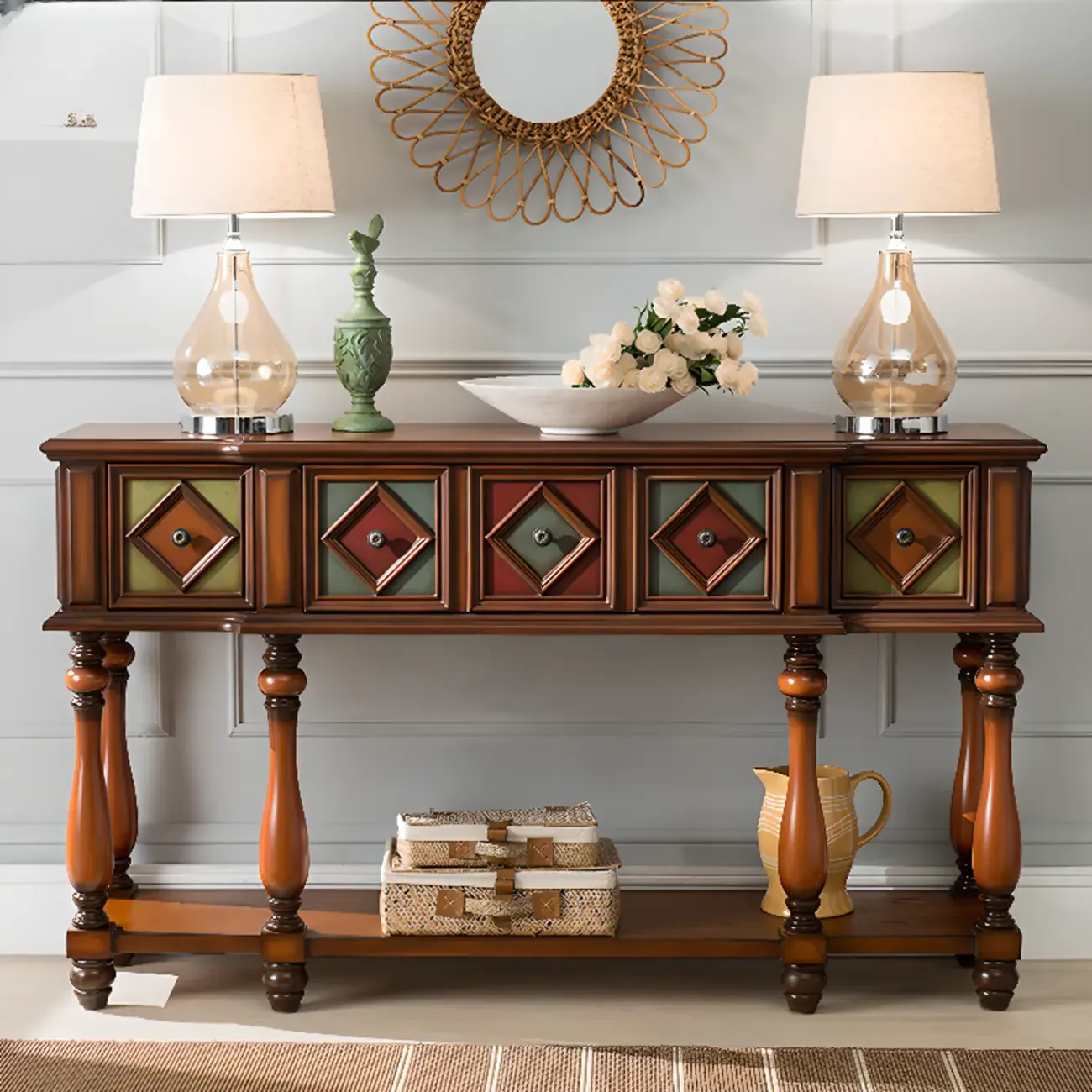 Classic Rectangular Wood Black Console Table with Storage Image - 8