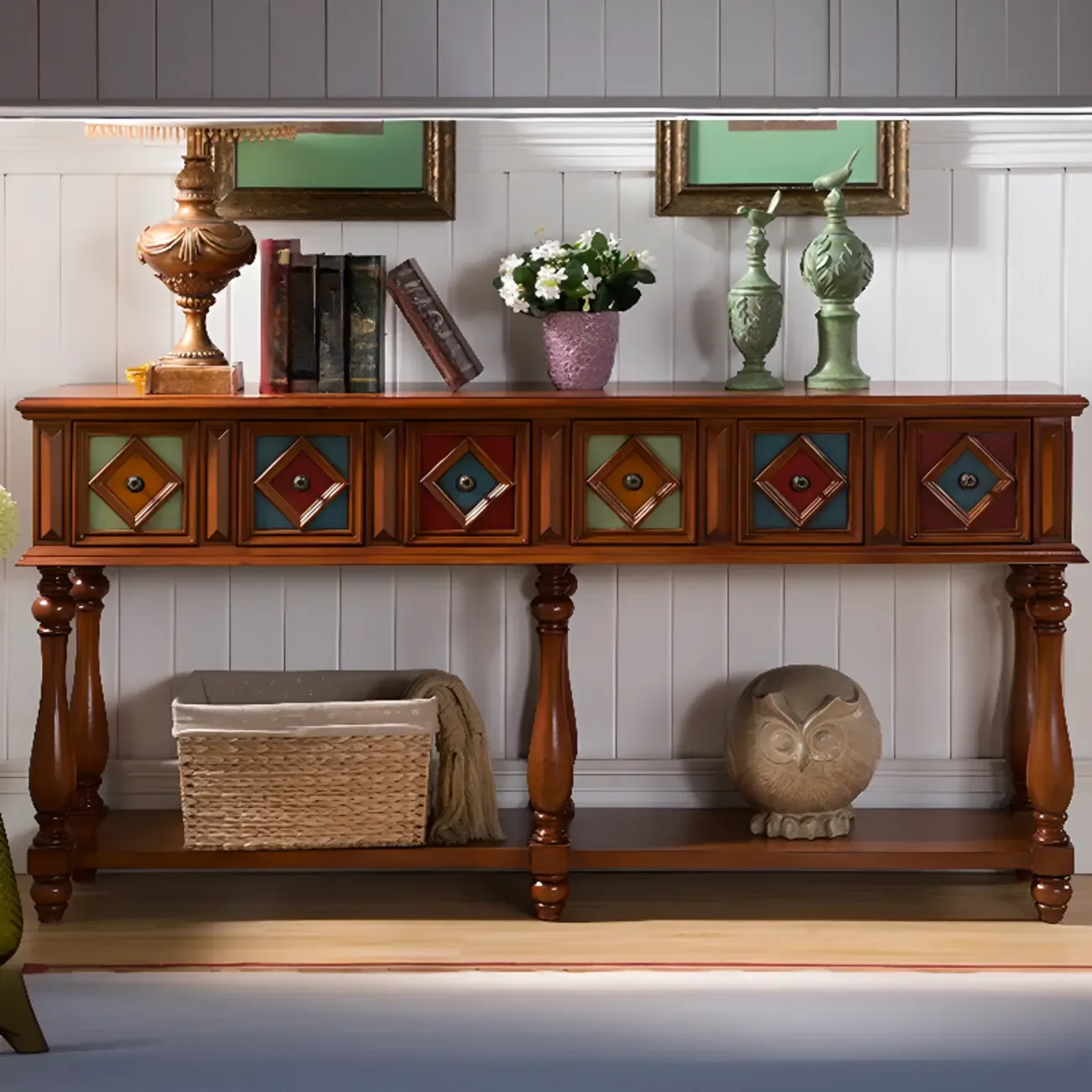 Classic Rectangular Wood Black Console Table with Storage Image - 9