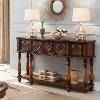 Classic Rectangular Wood Black Console Table with Storage Image - 10