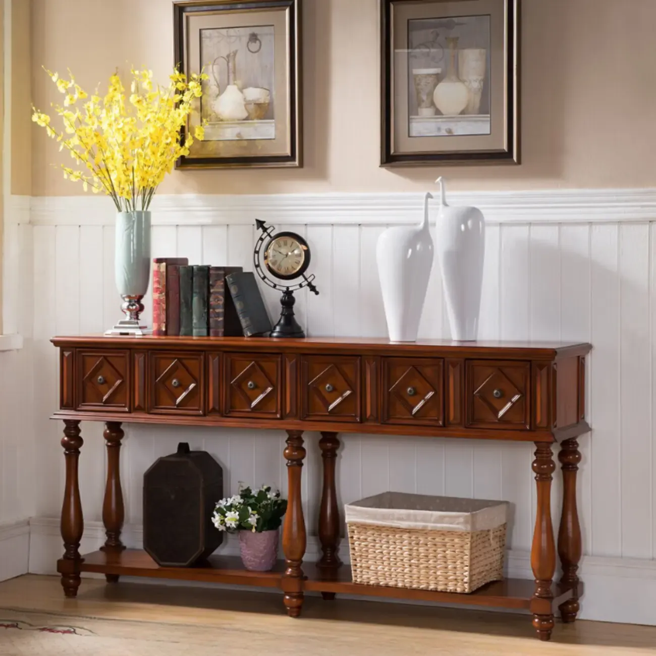 Classic Rectangular Wood Black Console Table with Storage Image - 12