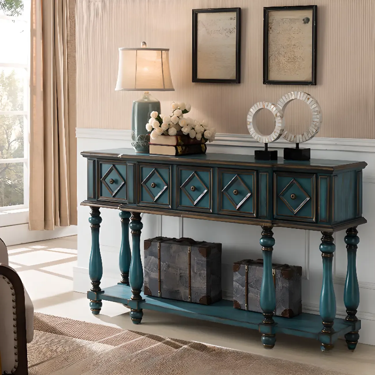 Classic Rectangular Wood Black Console Table with Storage Image - 13