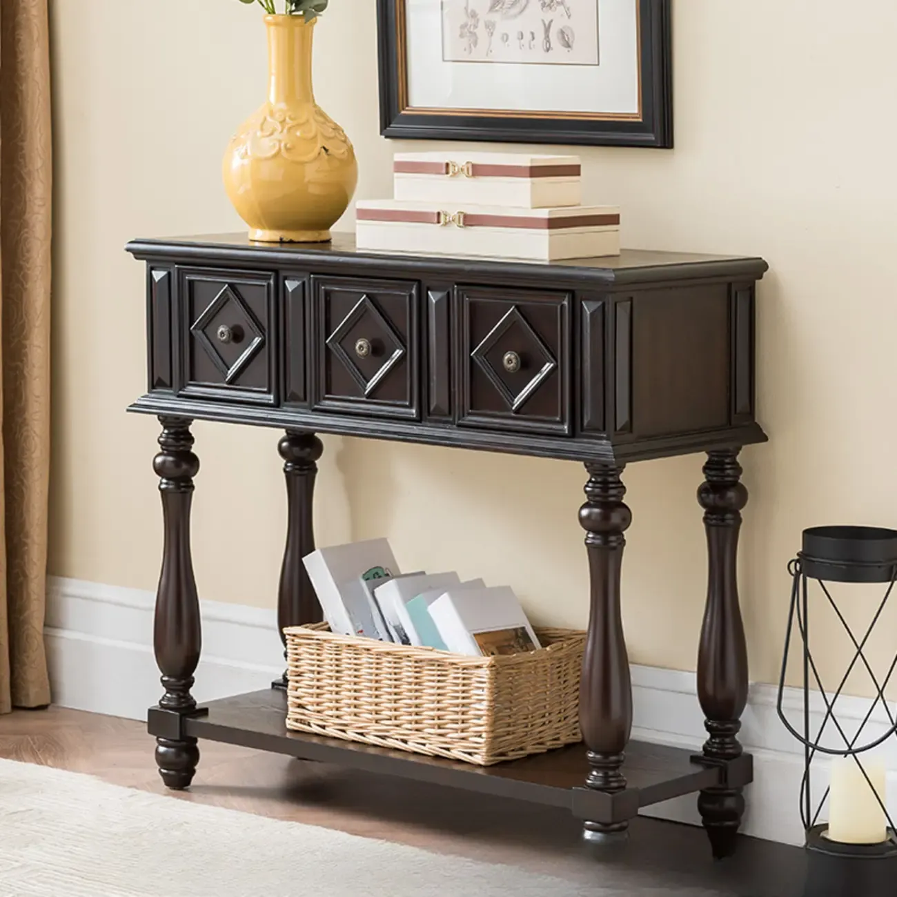 Classic Rectangular Wood Black Console Table with Storage Image - 3