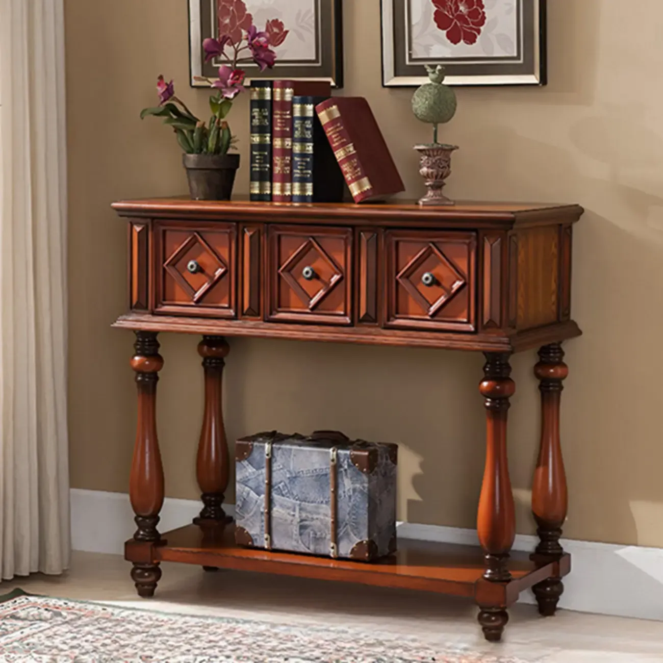Classic Rectangular Wood Black Console Table with Storage Image - 15