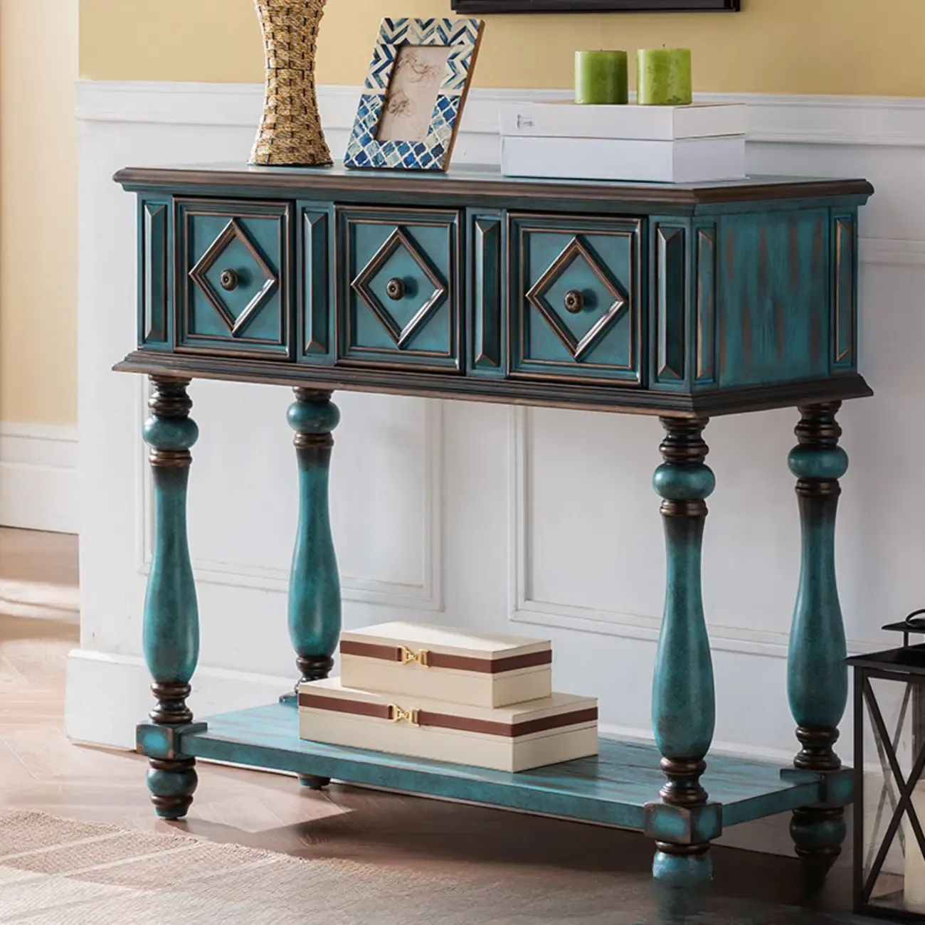 Classic Rectangular Wood Black Console Table with Storage Image - 17