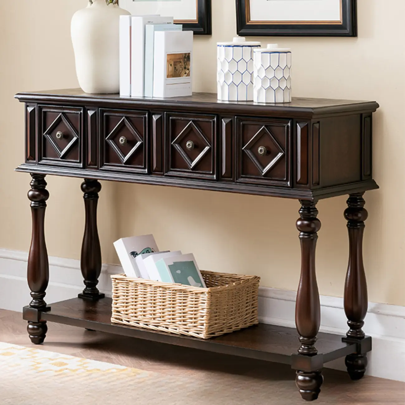 Classic Rectangular Wood Black Console Table with Storage Image - 18 | homeyfad