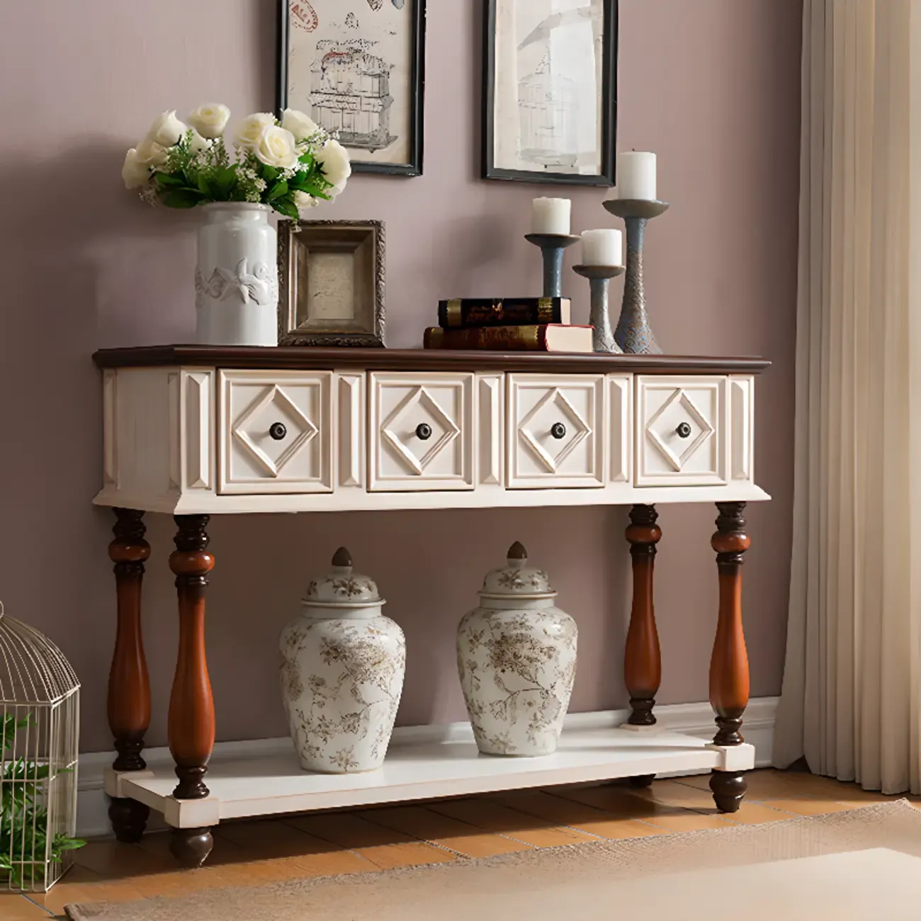 Classic Rectangular Wood Black Console Table with Storage Image - 2