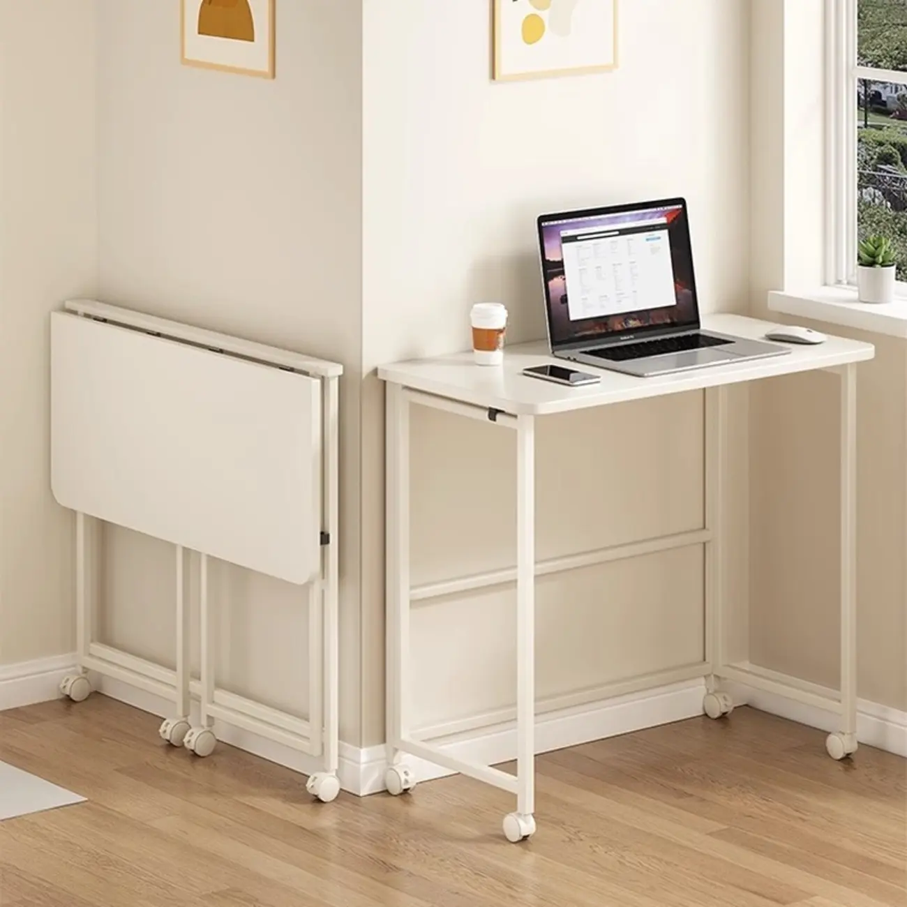 Compact Minimalist White Metal Casters Foldable Office Desk Image - 1 | homeyfad