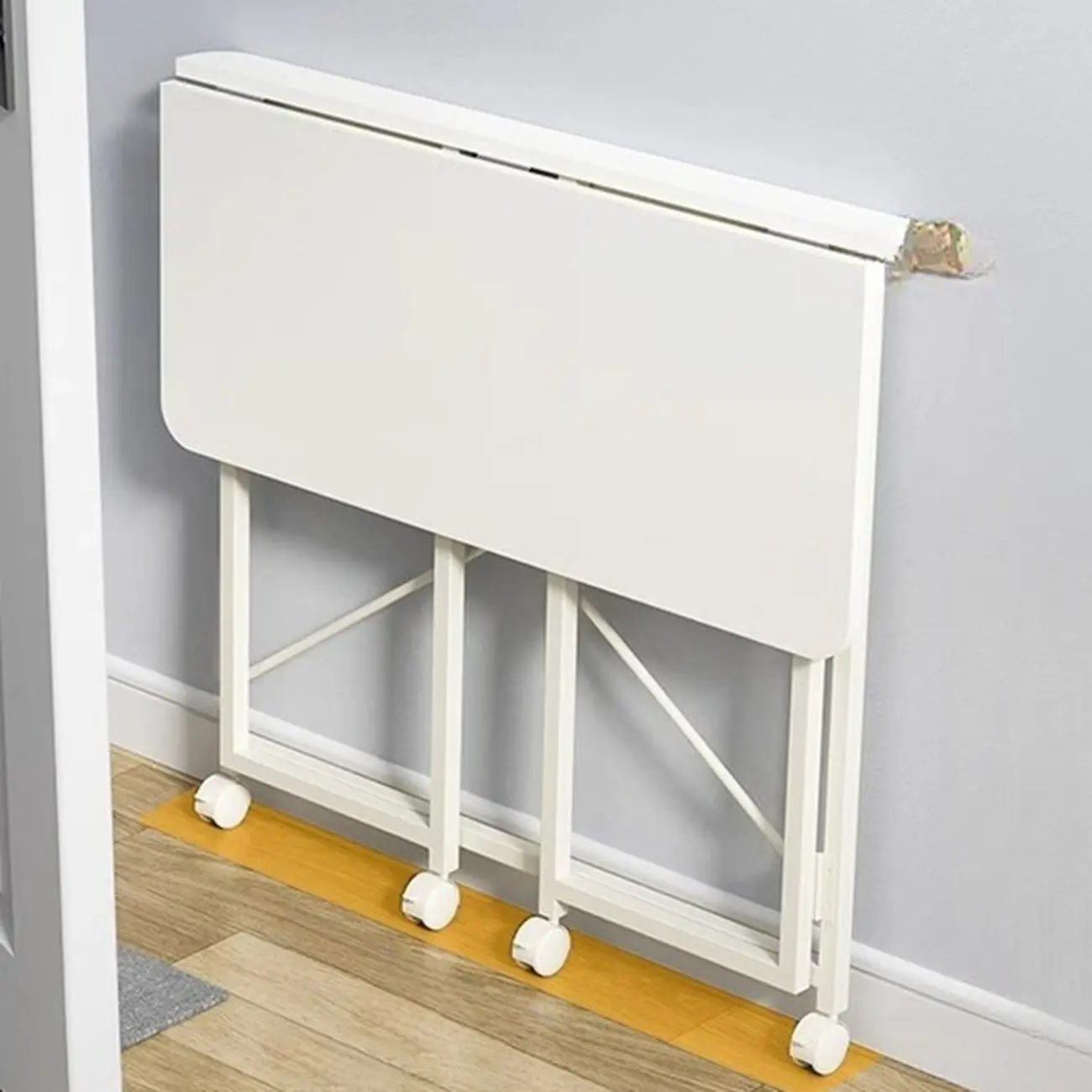 Compact Minimalist White Metal Casters Foldable Office Desk Image - 2 | homeyfad