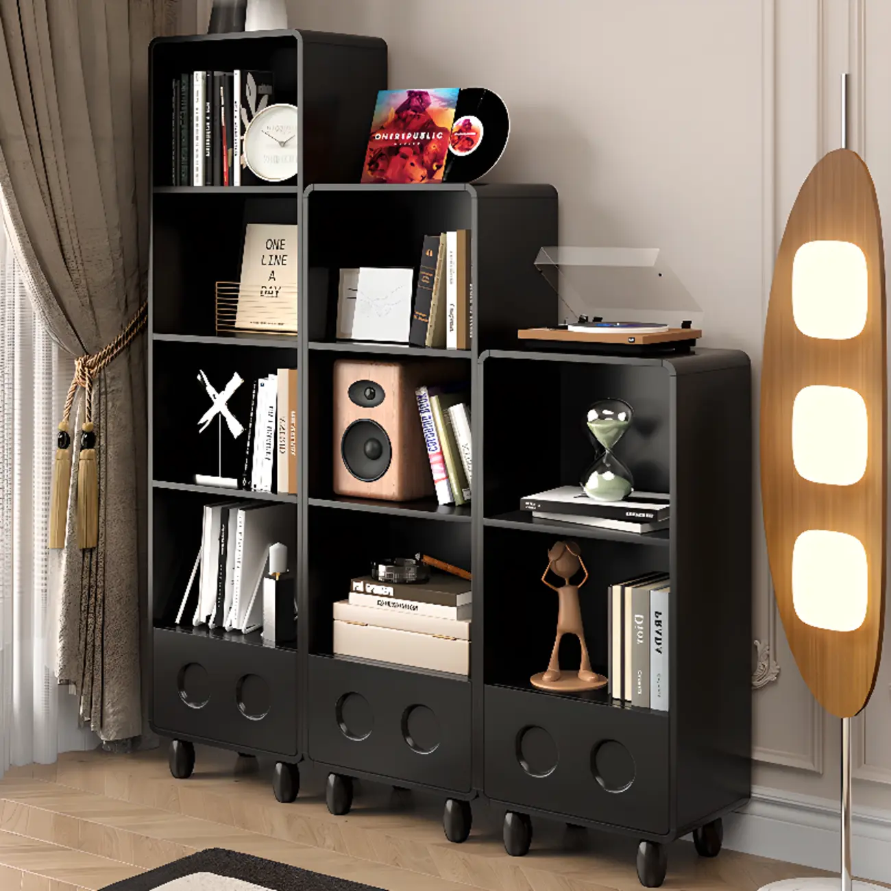 Narrow Black Wood 5-Tier Rolling Bookcase with Drawers Image - 2 | homeyfad