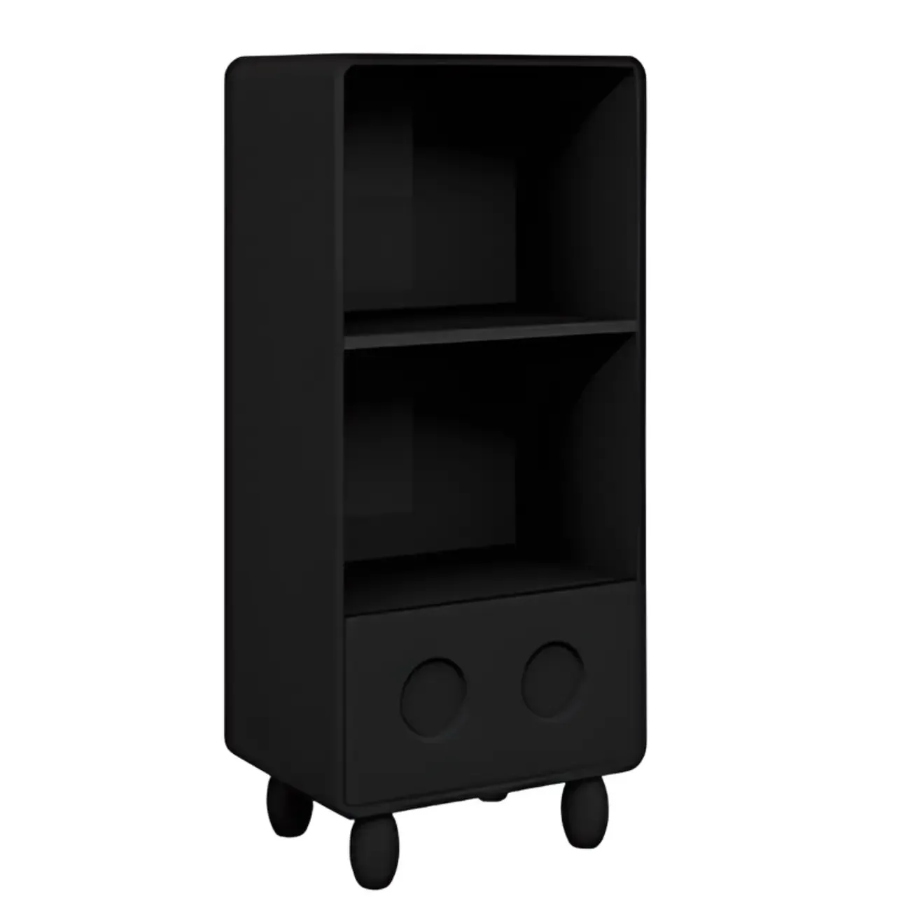 Narrow Black Wood 5-Tier Rolling Bookcase with Drawers Image - 3