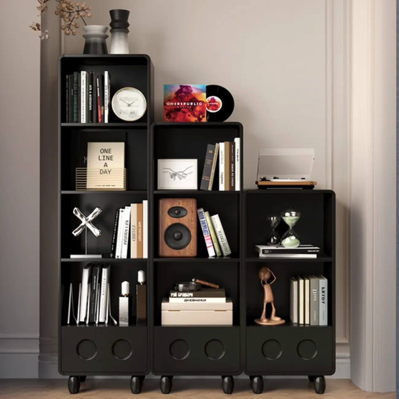 Narrow Black Wood 5-Tier Rolling Bookcase with Drawers Image - 1 | homeyfad