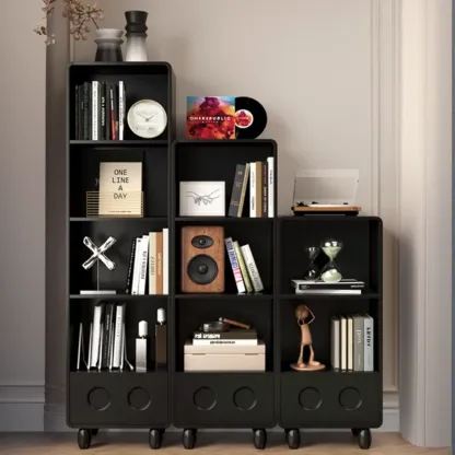 Narrow Black Wood 5-Tier Rolling Bookcase with Drawers Image - 1