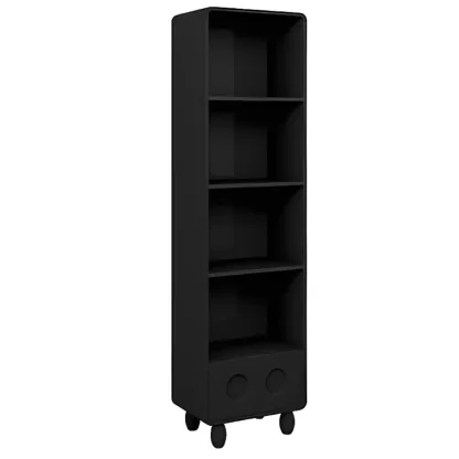 Narrow Black Wood 5-Tier Rolling Bookcase with Drawers Image - 5