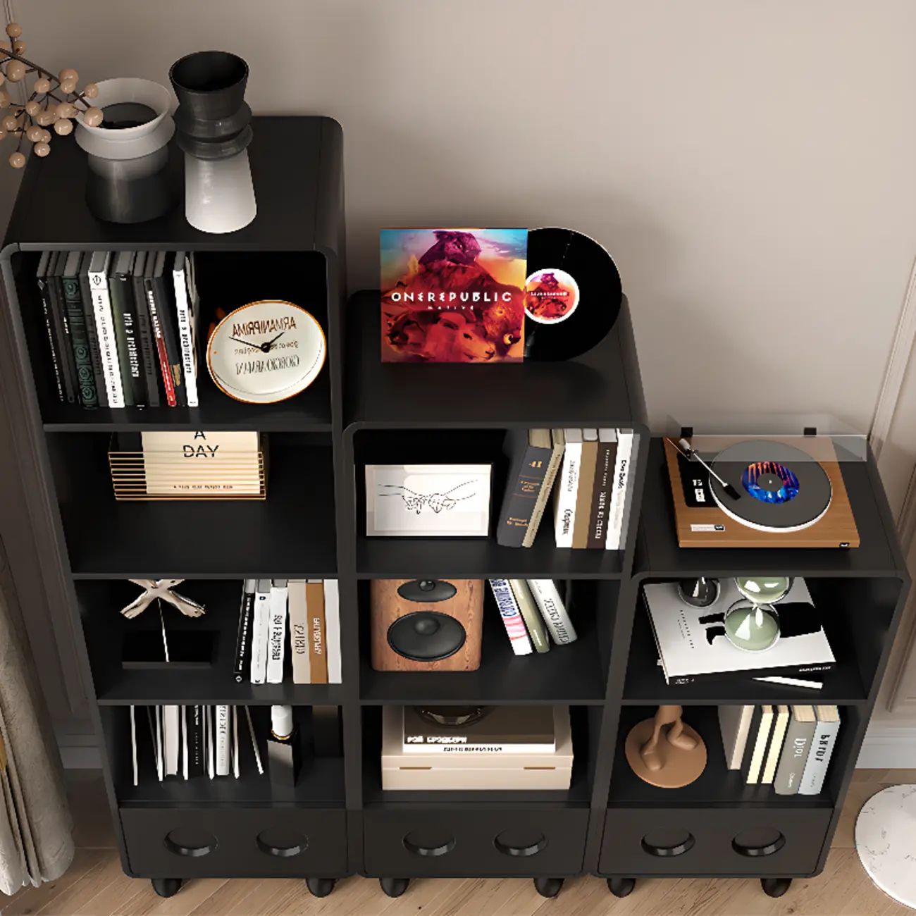Narrow Black Wood 5-Tier Rolling Bookcase with Drawers Image - 6 | homeyfad