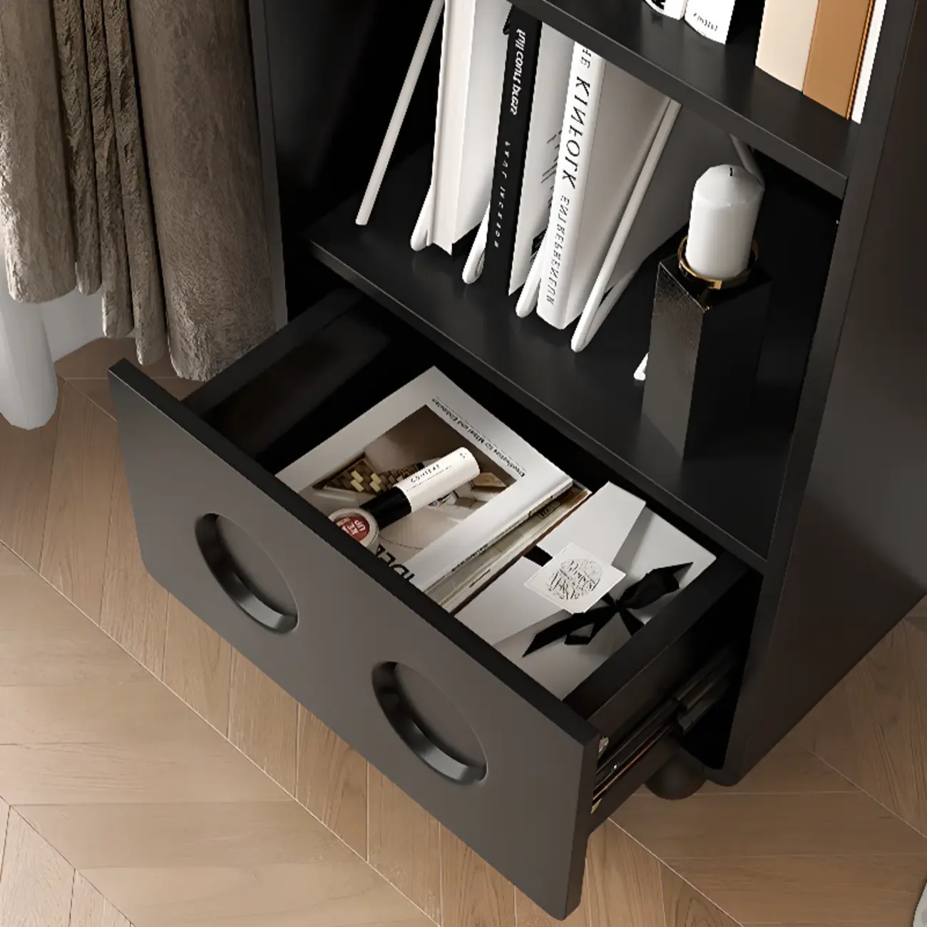 Narrow Black Wood 5-Tier Rolling Bookcase with Drawers Image - 9