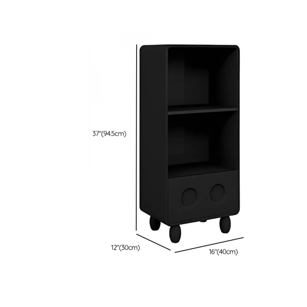 Narrow Black Wood 5-Tier Rolling Bookcase with Drawers #size | homeyfad