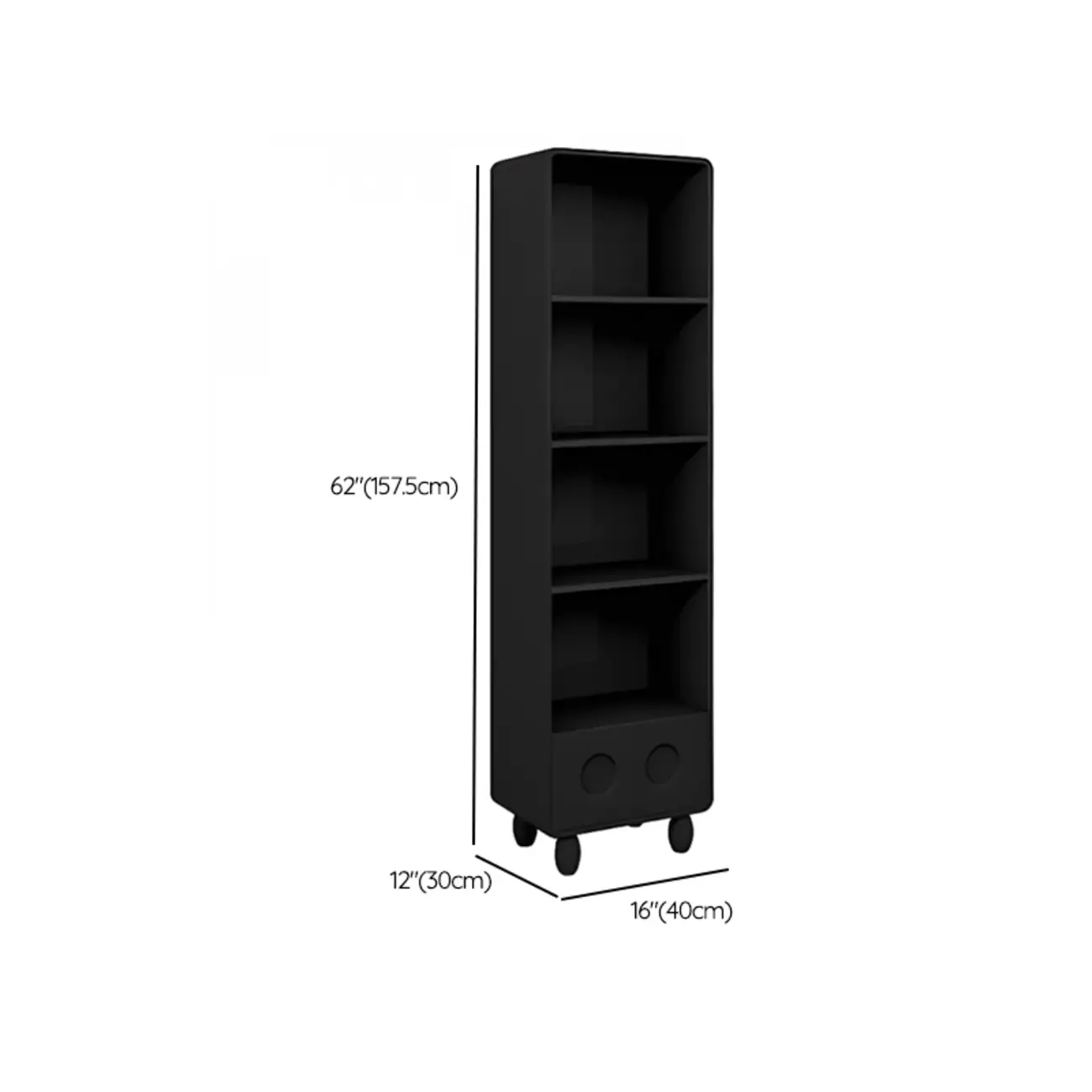 Narrow Black Wood 5-Tier Rolling Bookcase with Drawers Image - 13 | homeyfad