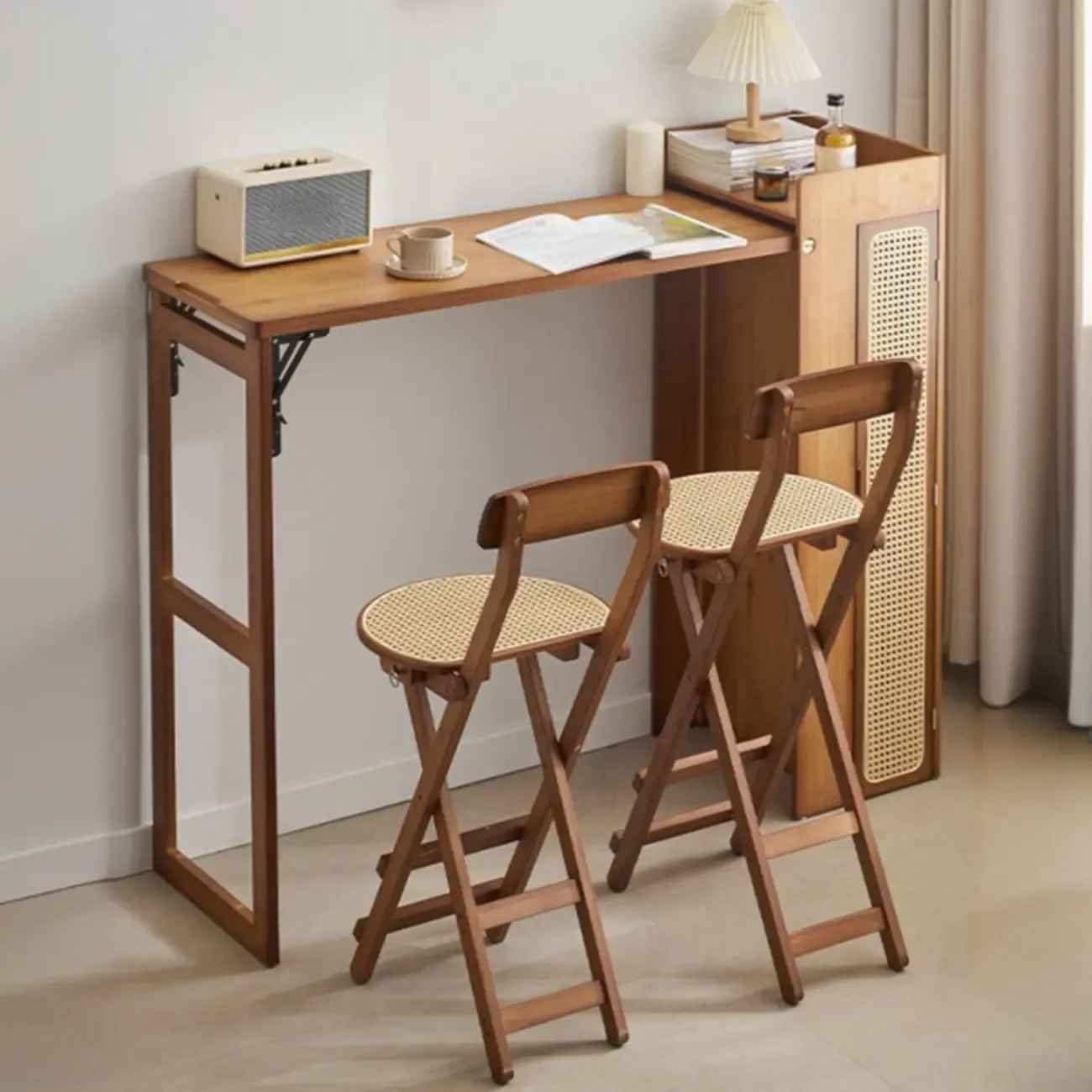 Manual Extension Brown Bamboo Storage Bar Tables Image - 1