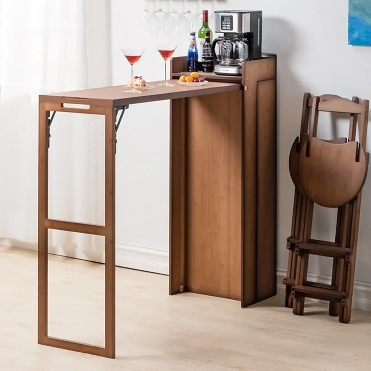 Manual Extension Brown Bamboo Storage Bar Tables Image - 12