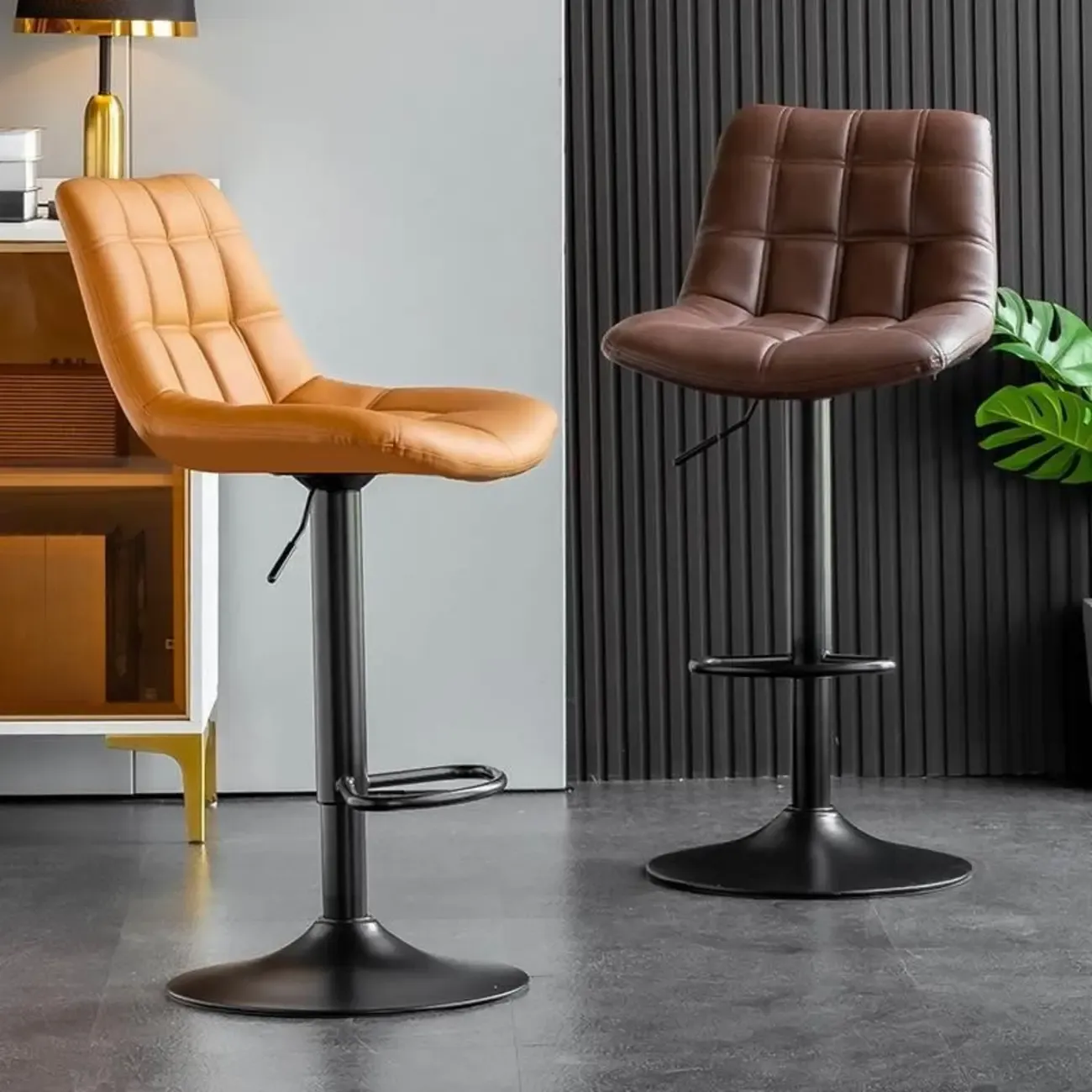 Glam Faux Leather Swivel Adjustable Bar Stools Image - 2