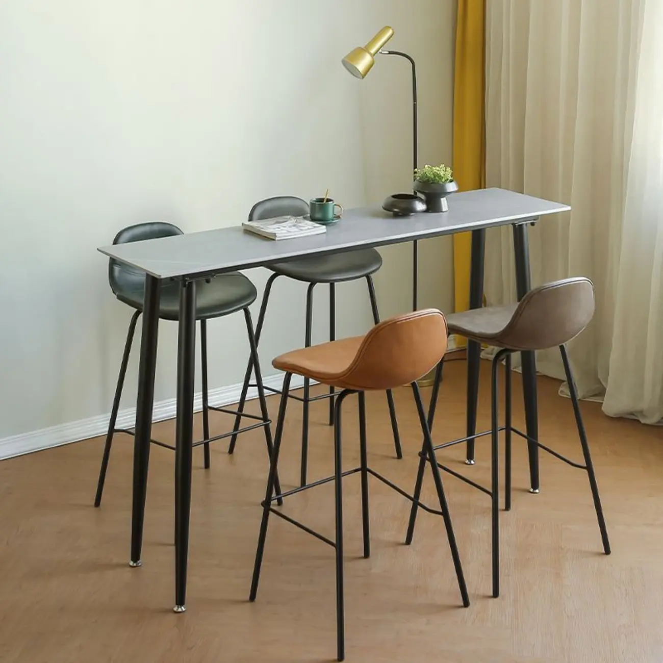 Modern Grey Travertine Top Metal Legs Bar Table for Dining Room Image - 1 | homeyfad