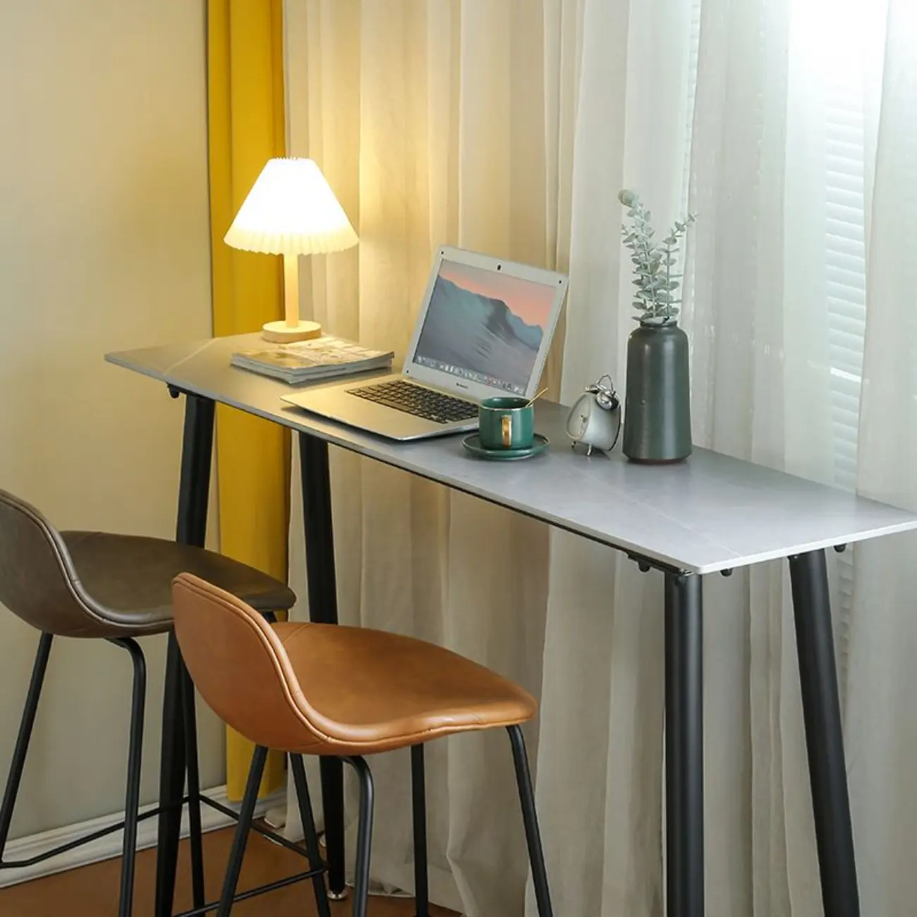 Modern Grey Travertine Top Metal Legs Bar Table for Dining Room Image - 4 | homeyfad