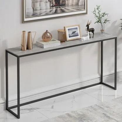 Minimalist Black Metal Bar Tables with Stone Top Image - 1