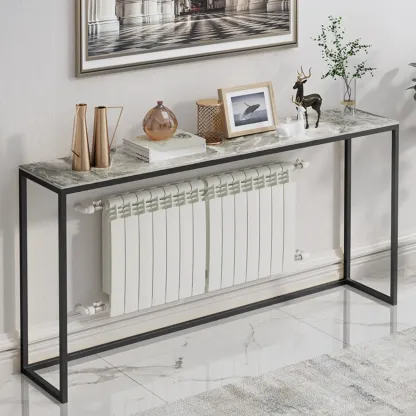 Minimalist Black Metal Bar Tables with Stone Top Image - 4