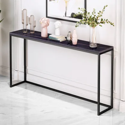 Minimalist Black Metal Bar Tables with Stone Top Image - 5