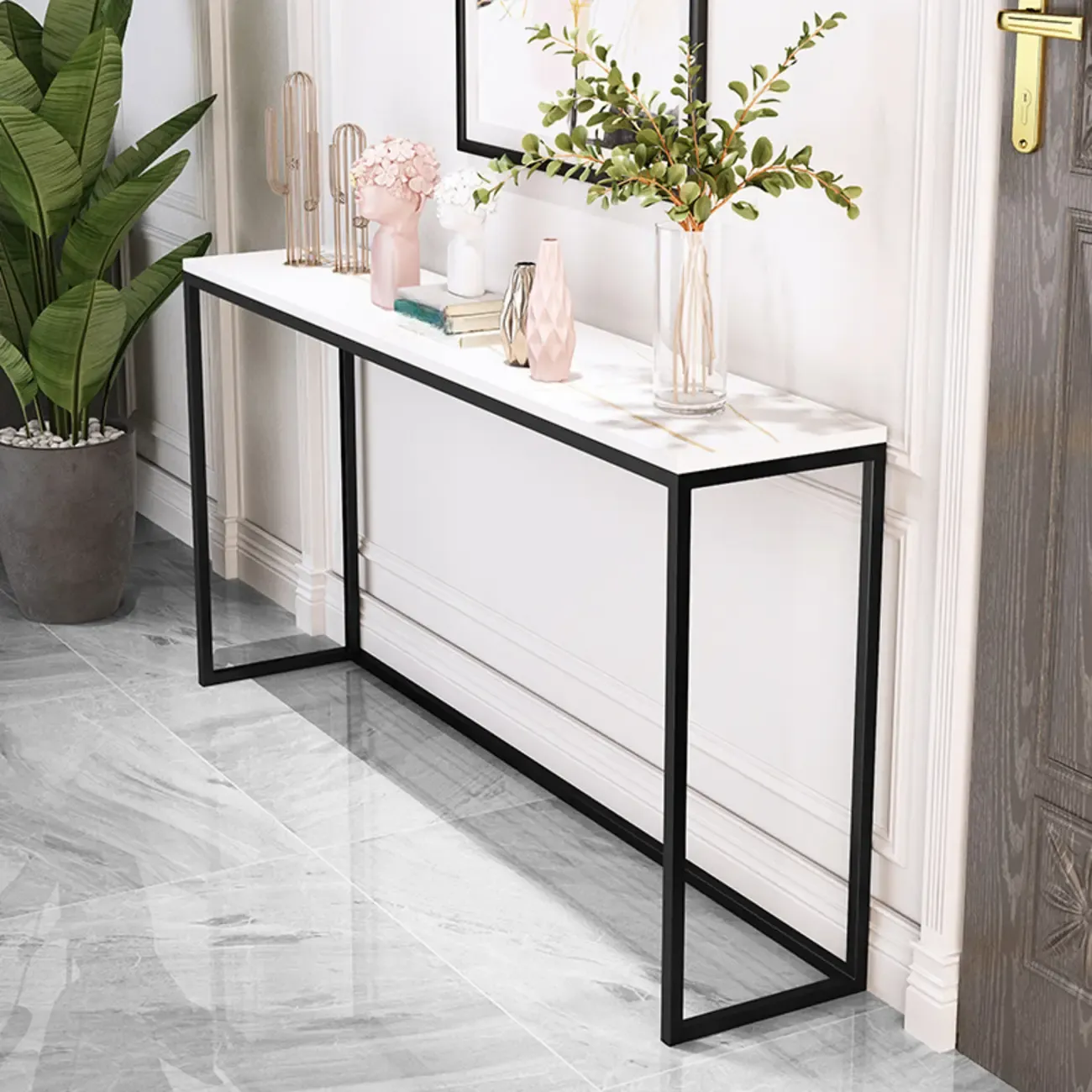 Minimalist Black Metal Bar Tables with Stone Top Image - 6