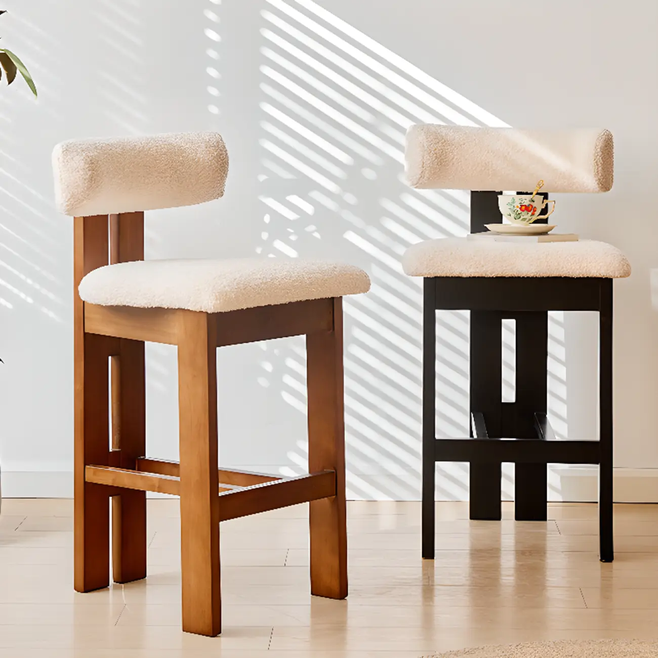Wooden Boucle Cushioned Backrest Bar Stool | homeyfad