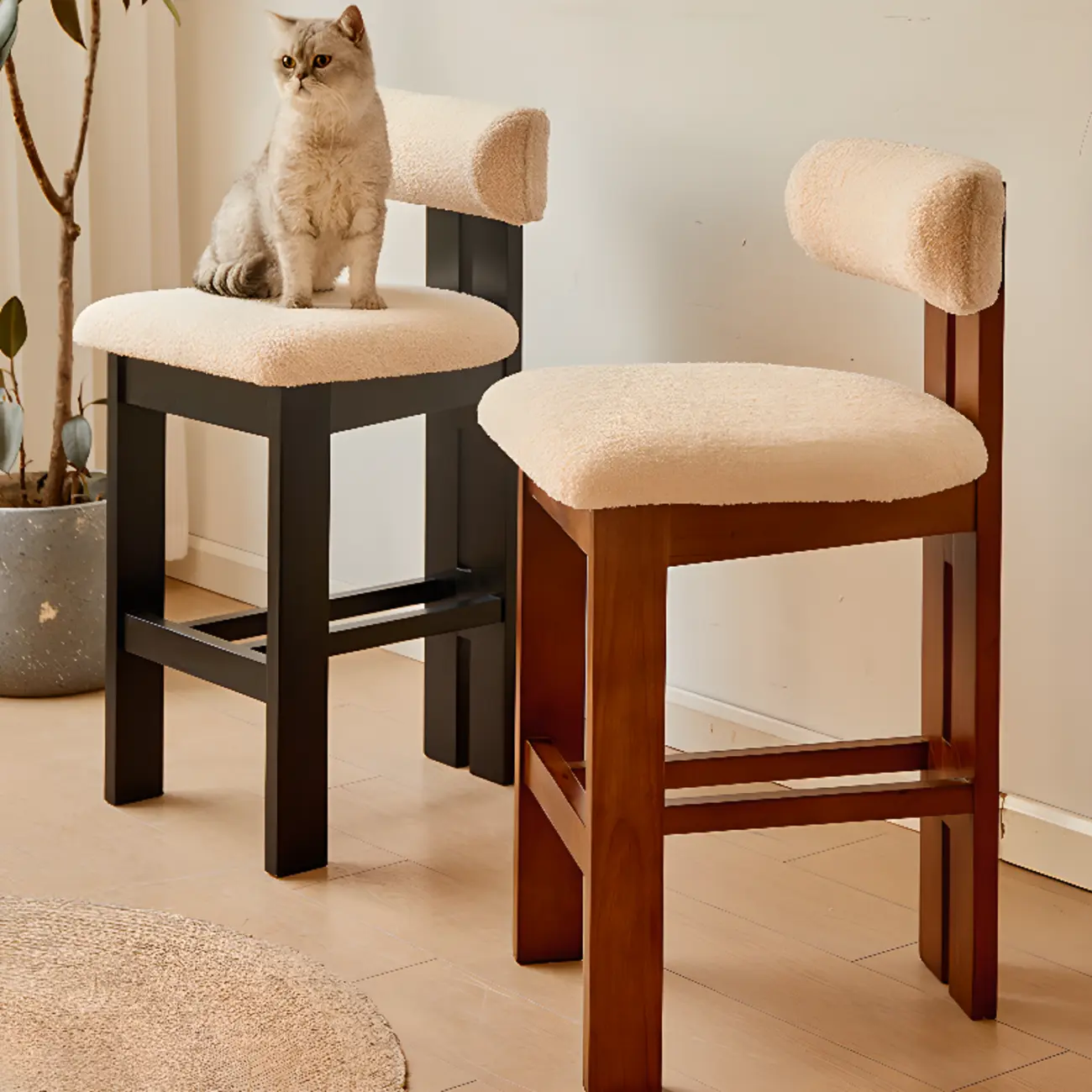 Wooden Boucle Cushioned Backrest Bar Stool | homeyfad
