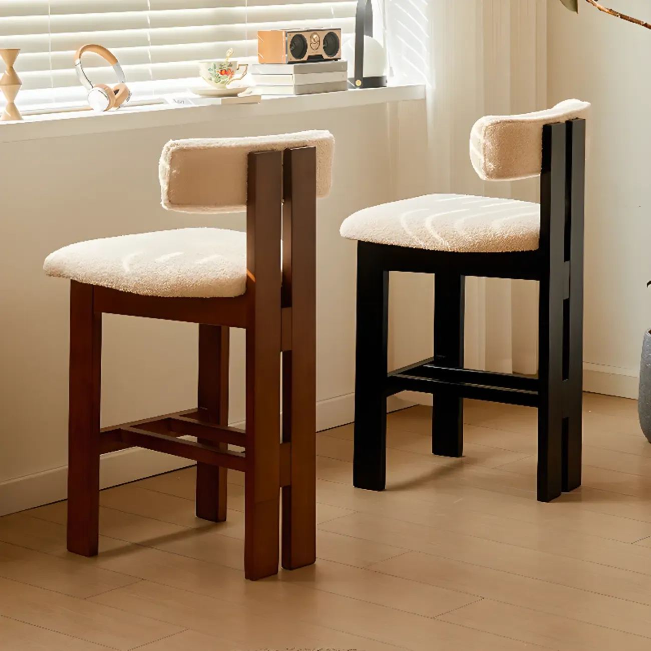 Wooden Boucle Cushioned Backrest Bar Stool