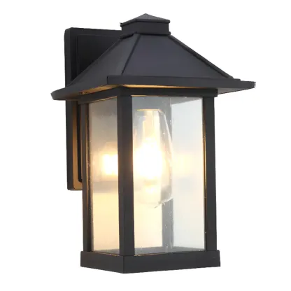 Modern Outdoor Wall Light Metal Black Geometric Glass Shade Image - 5
