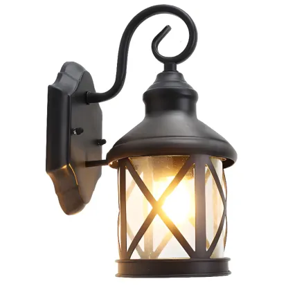 Modern Outdoor Wall Light Metal Black Geometric Glass Shade Image - 6