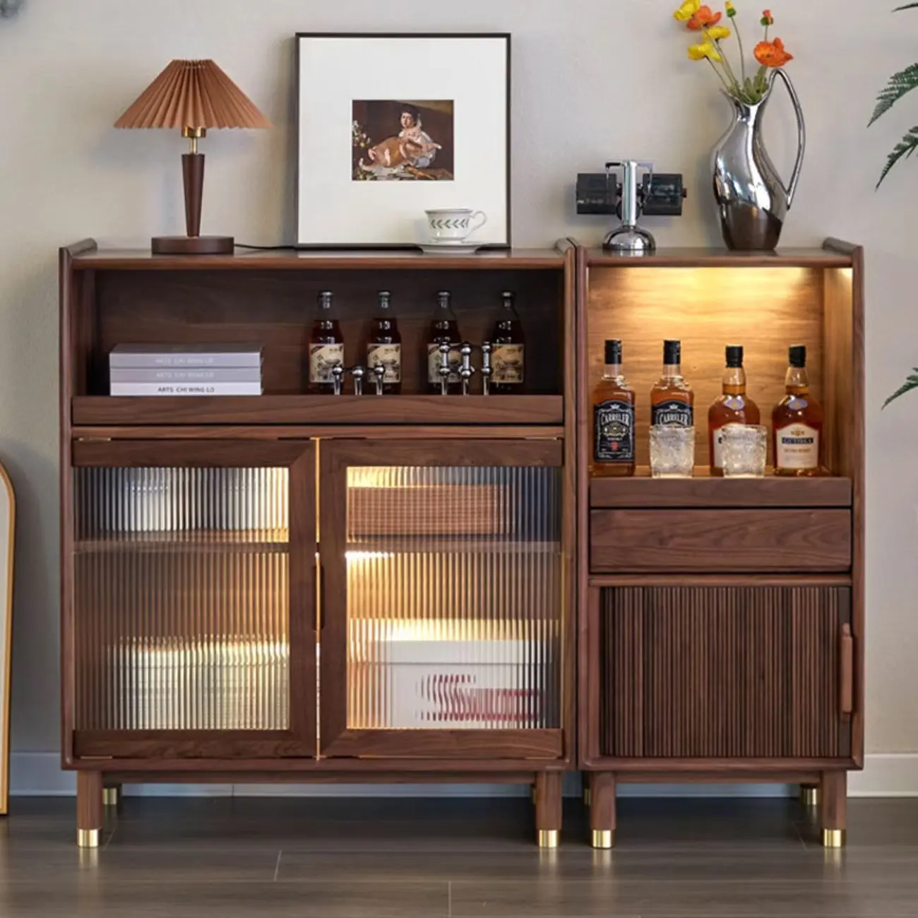 Modern Brown Wood Glass Door Adjustable Shelf Storage Cabinet Image - 3 | homeyfad