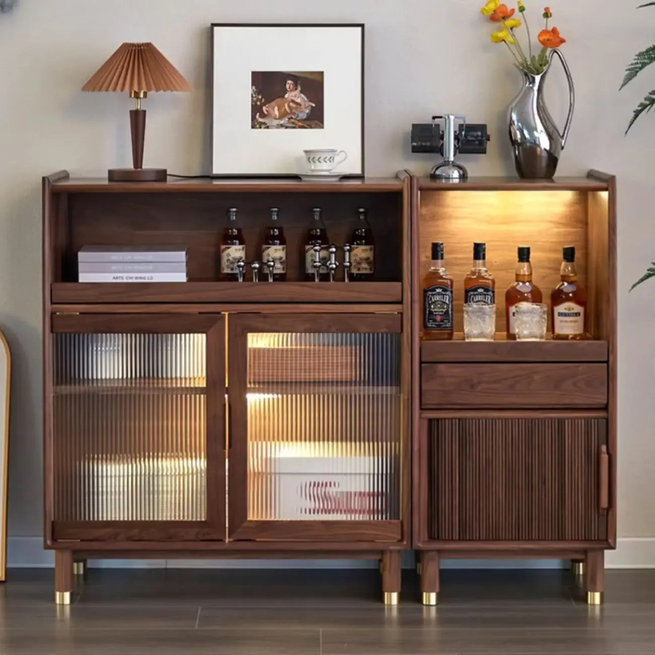 Modern Brown Wood Glass Door Adjustable Shelf Storage Cabinet Image - 3