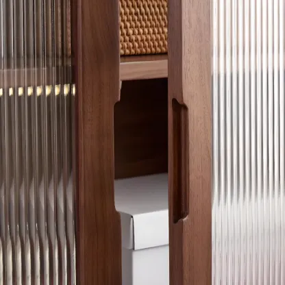 Modern Brown Wood Glass Door Adjustable Shelf Storage Cabinet Image - 4