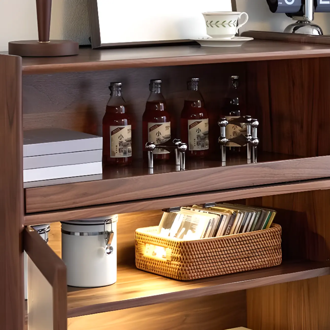 Modern Brown Wood Glass Door Adjustable Shelf Storage Cabinet Image - 6 | homeyfad