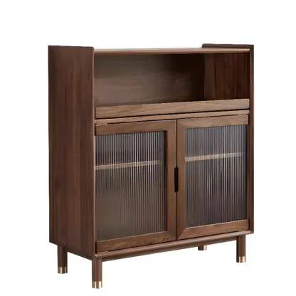 Modern Brown Wood Glass Door Adjustable Shelf Storage Cabinet Image - 8